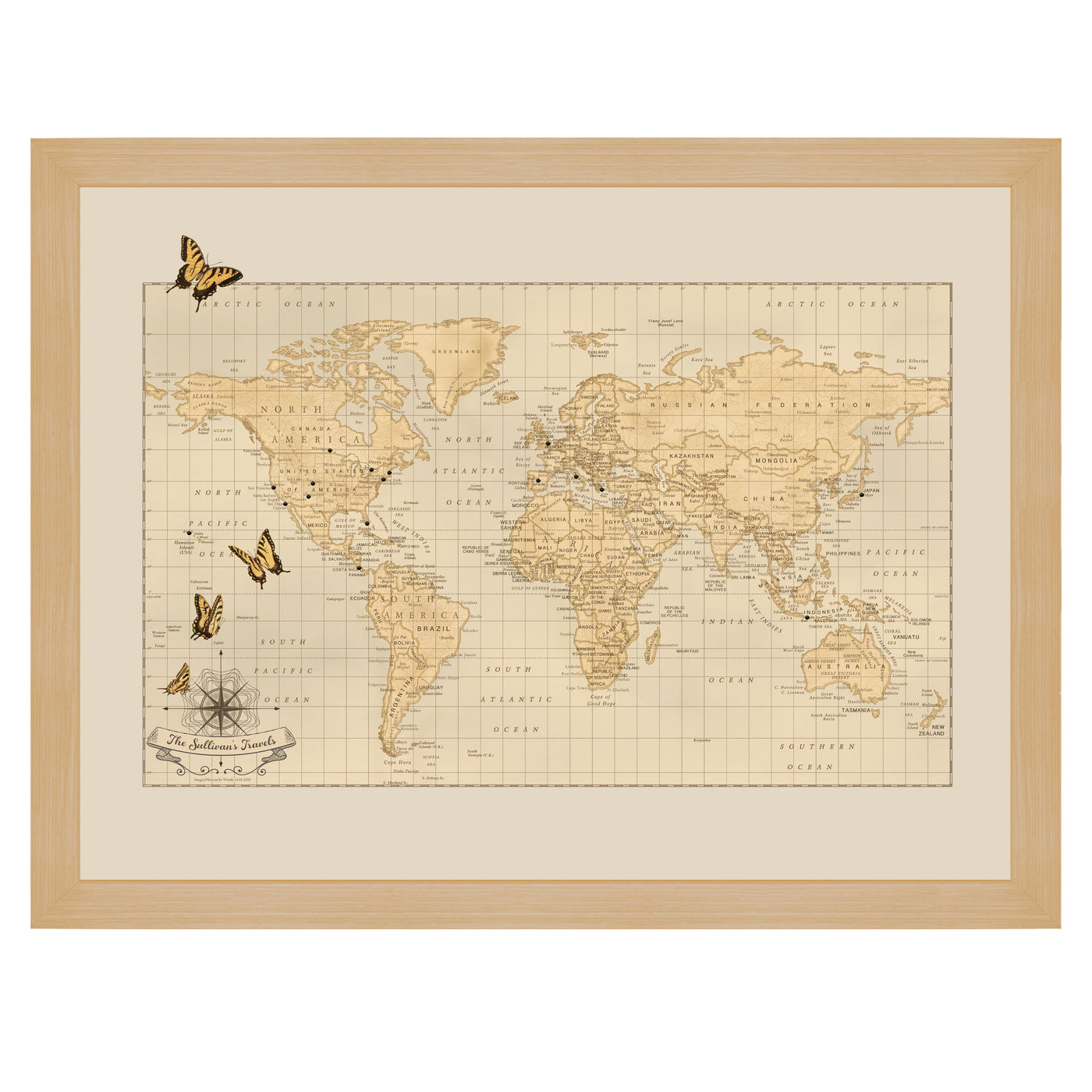 Personalized World Push Pin Travel Map with Butterflies framed