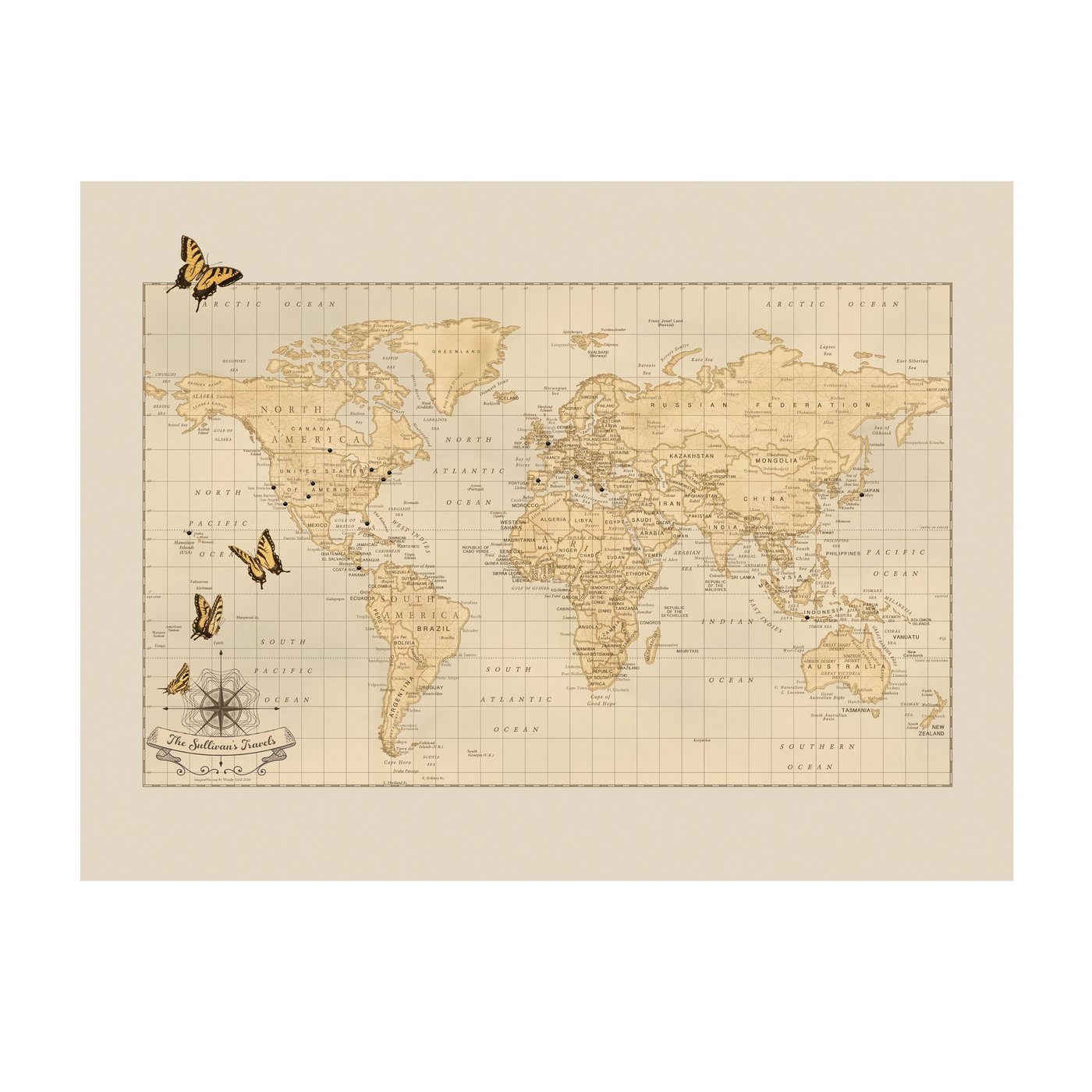 Personalized World Push Pin Travel Map with Butterflies transparent | all:transparent