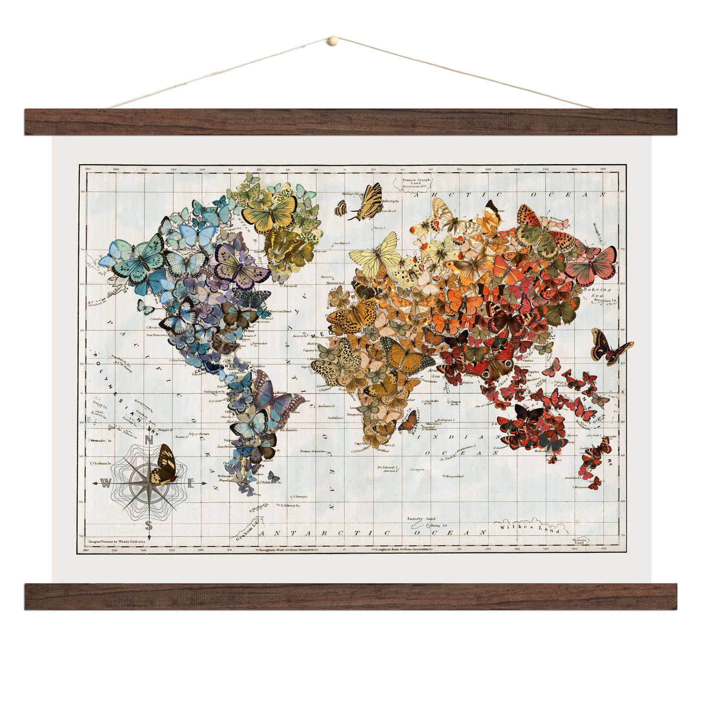 Butterfly Migration World Map Collage Art Wood Bound Canvas