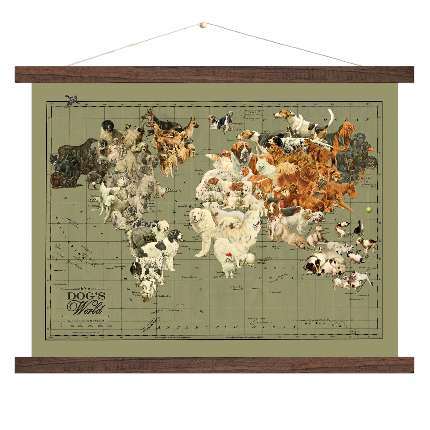 Dogs World Map Collage Art wood bound canvas