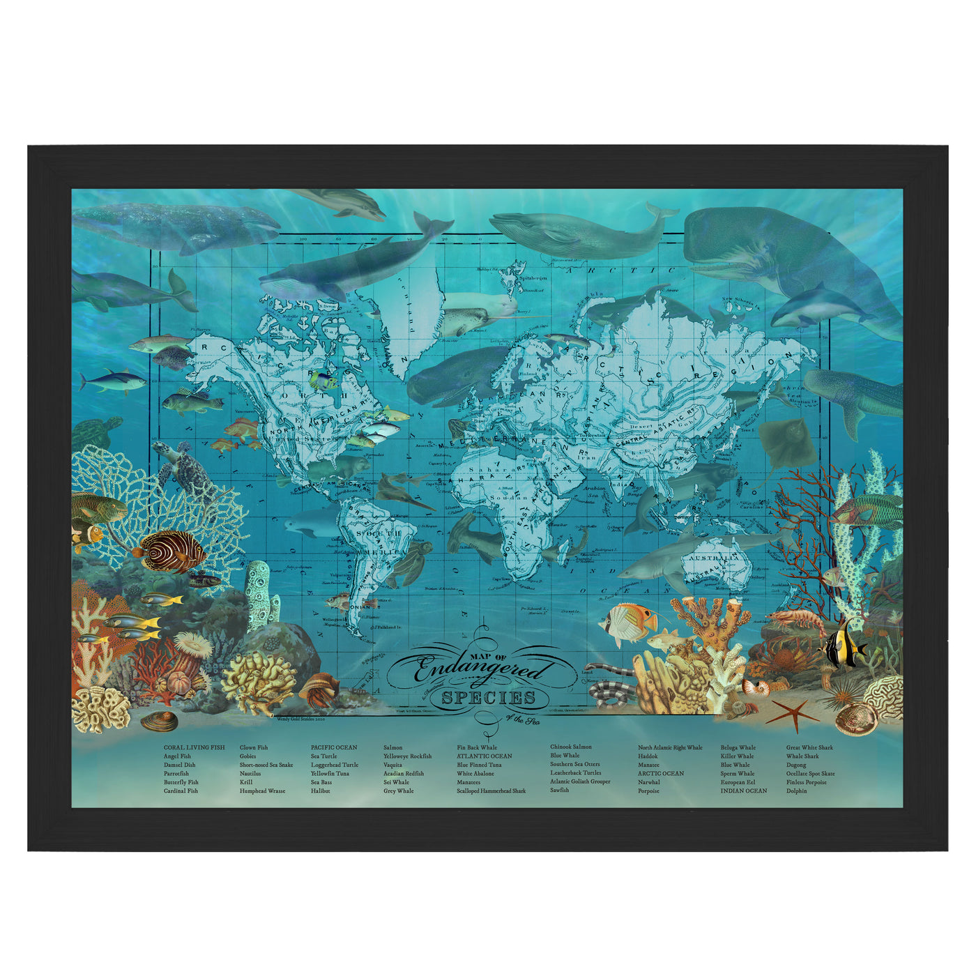 Endangered Ocean Species Collage World Map Art framed