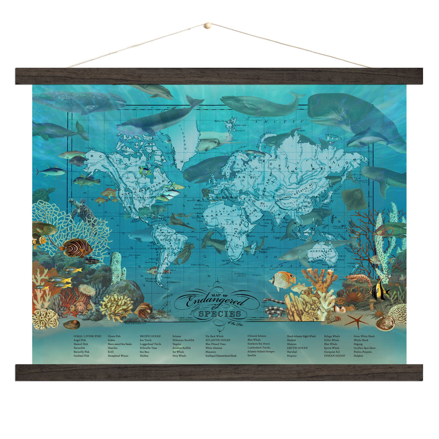 Endangered Ocean Species Collage World Map Art wood bound canvas