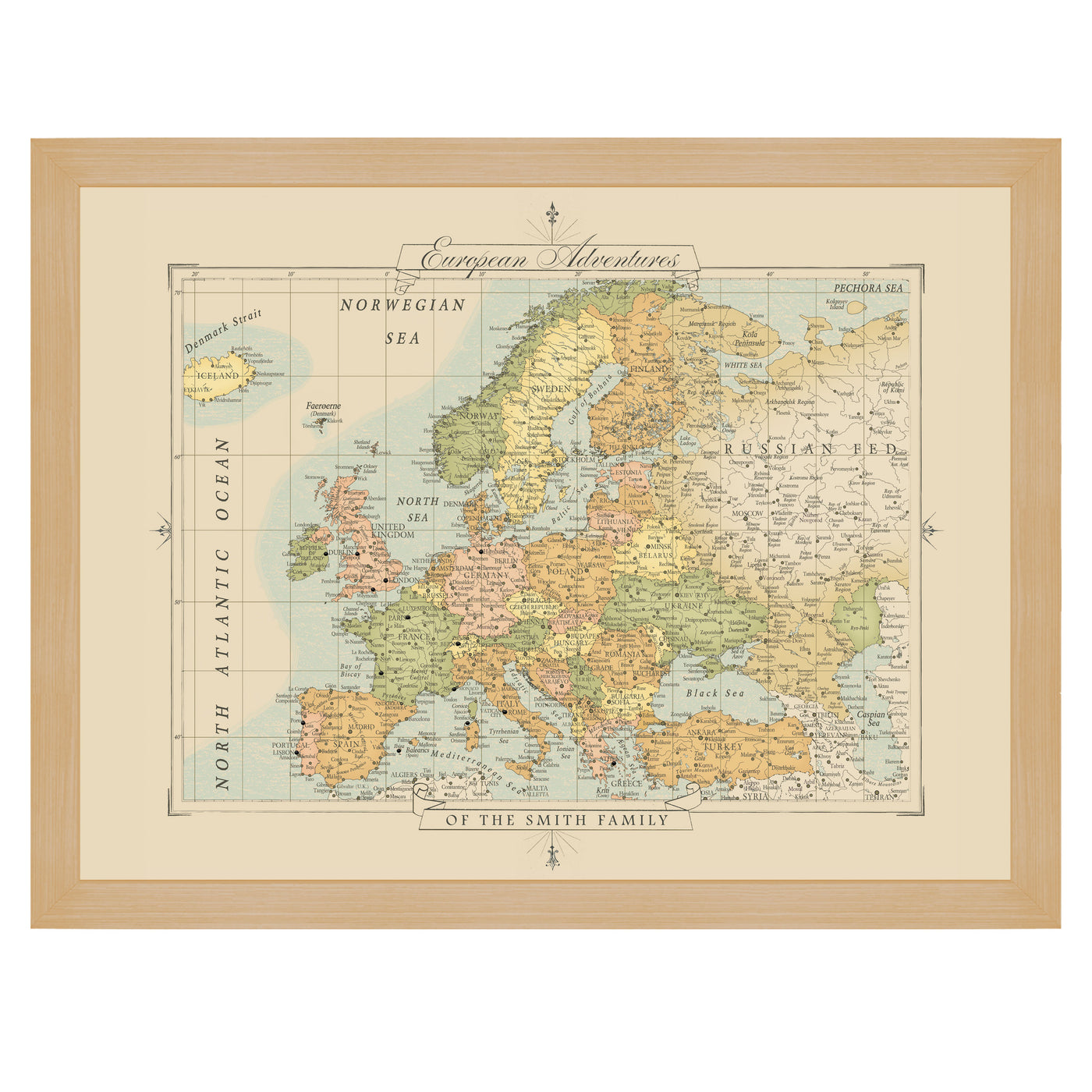 Europe Travel Adventures Map with Pins modern