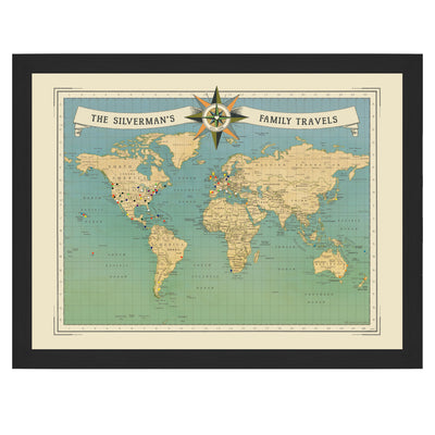 Family Travels Personalized World Push Pin Map Black Frame
