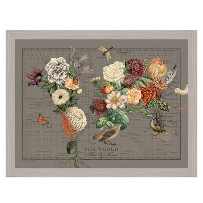Antique Flora and Fauna Collage Map Art framed