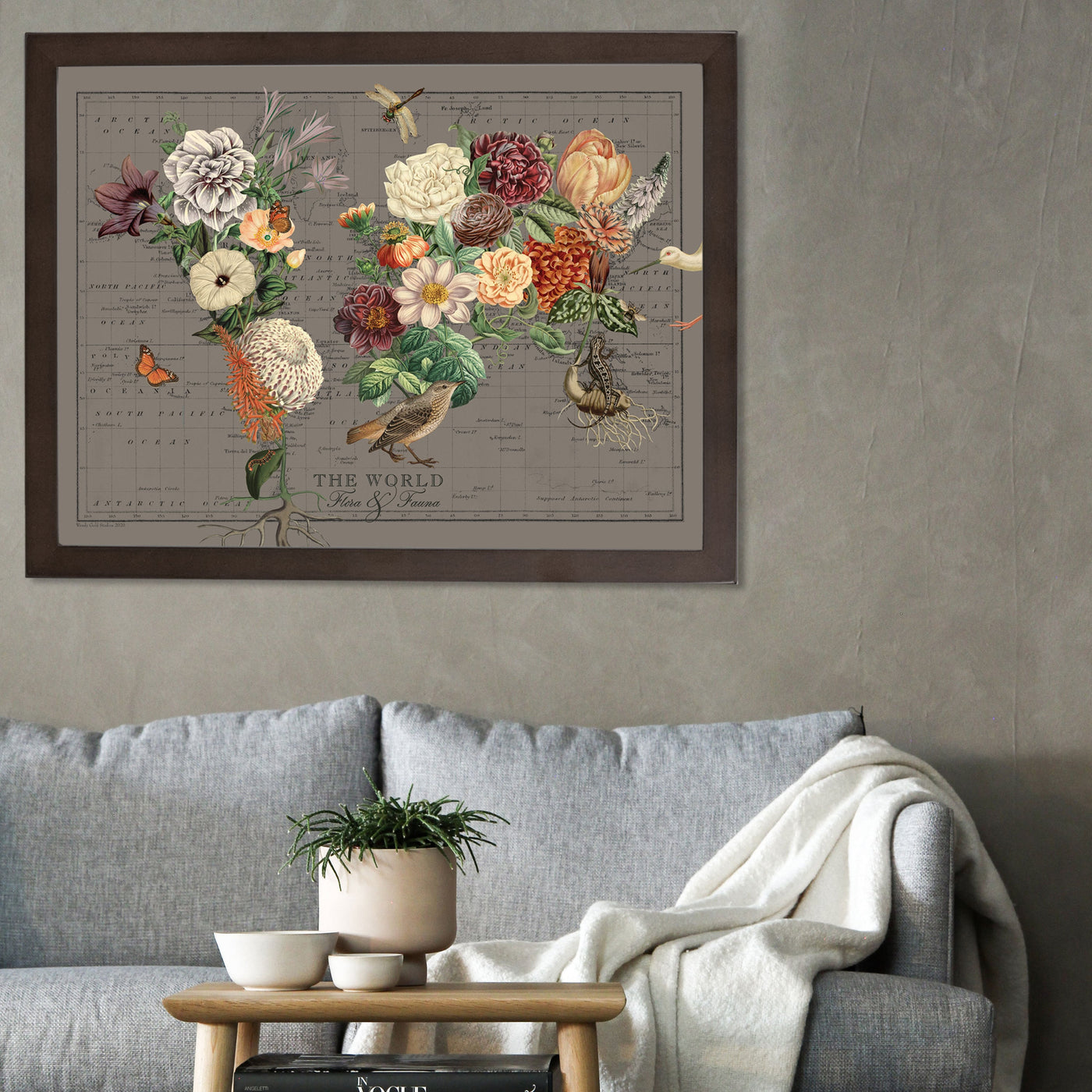 Antique Flora and Fauna Collage Map Art lifestyle