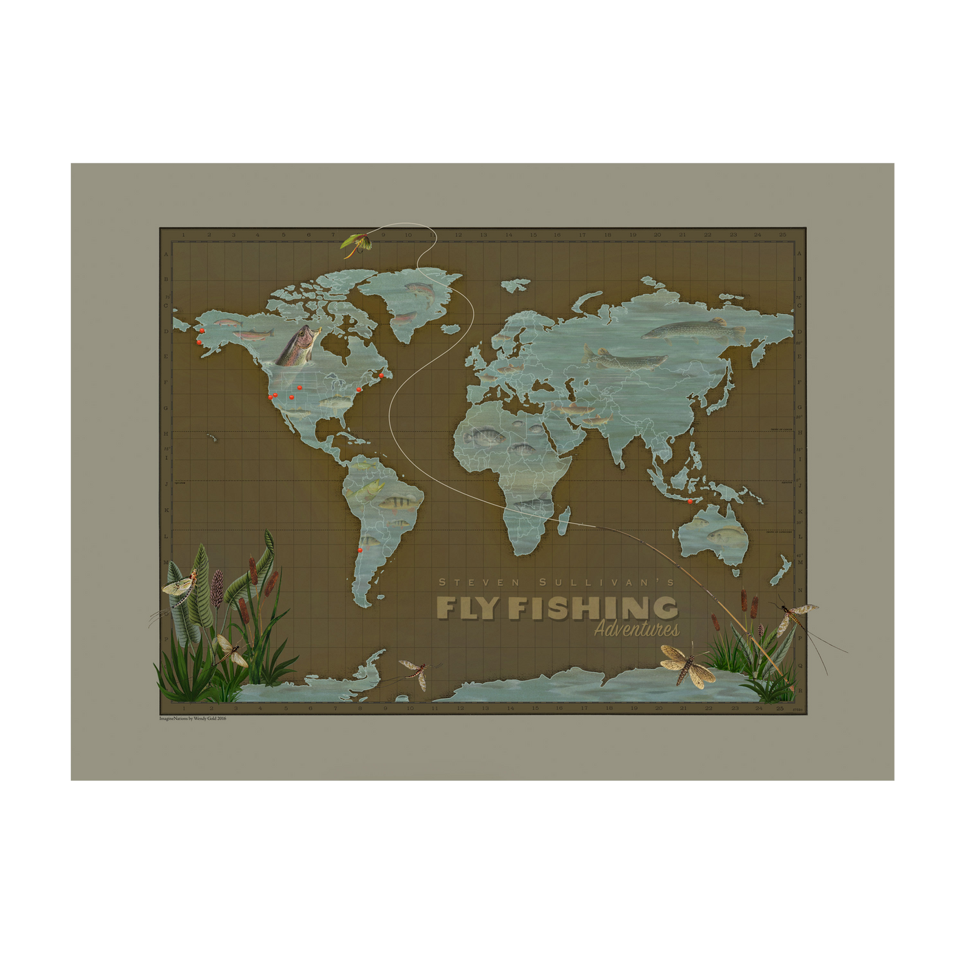Fly Fishing World Push Pin Travel Map closeup transparent | all:transparent