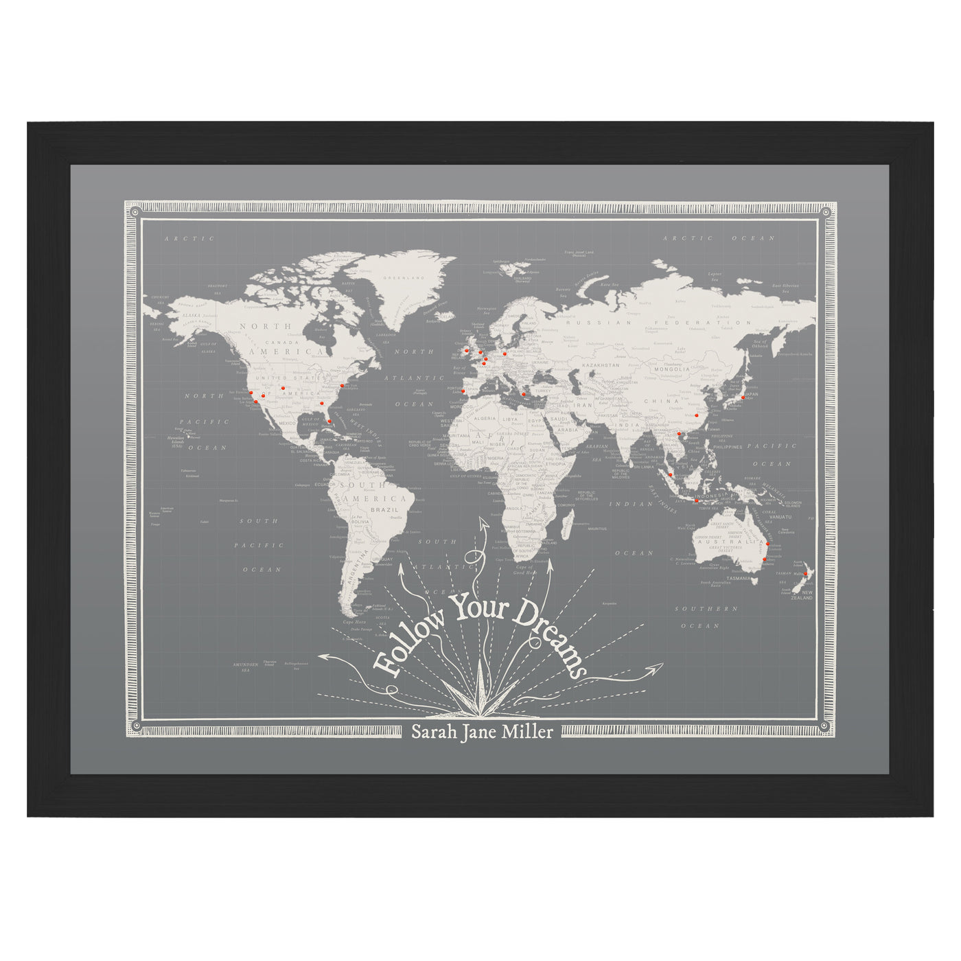 Follow Your Dreams Grey Push Pin World Map framed