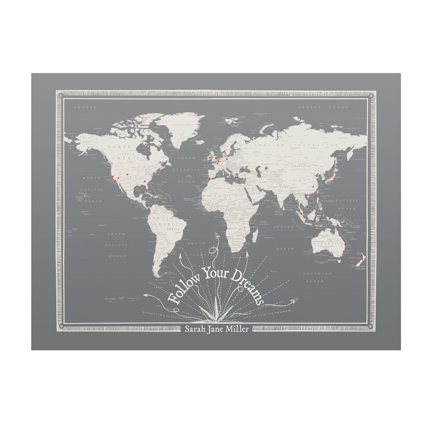 Follow Your Dreams Grey Push Pin World Map transparent | all:transparent