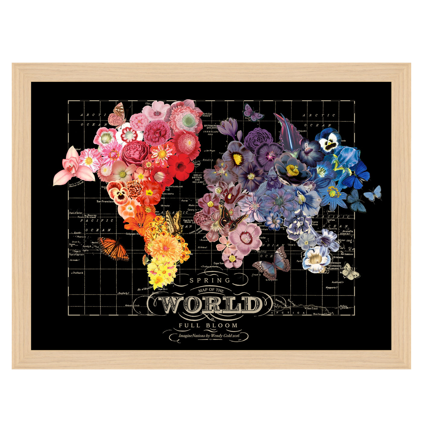 Full Bloom Flower World Map Collage Art framed
