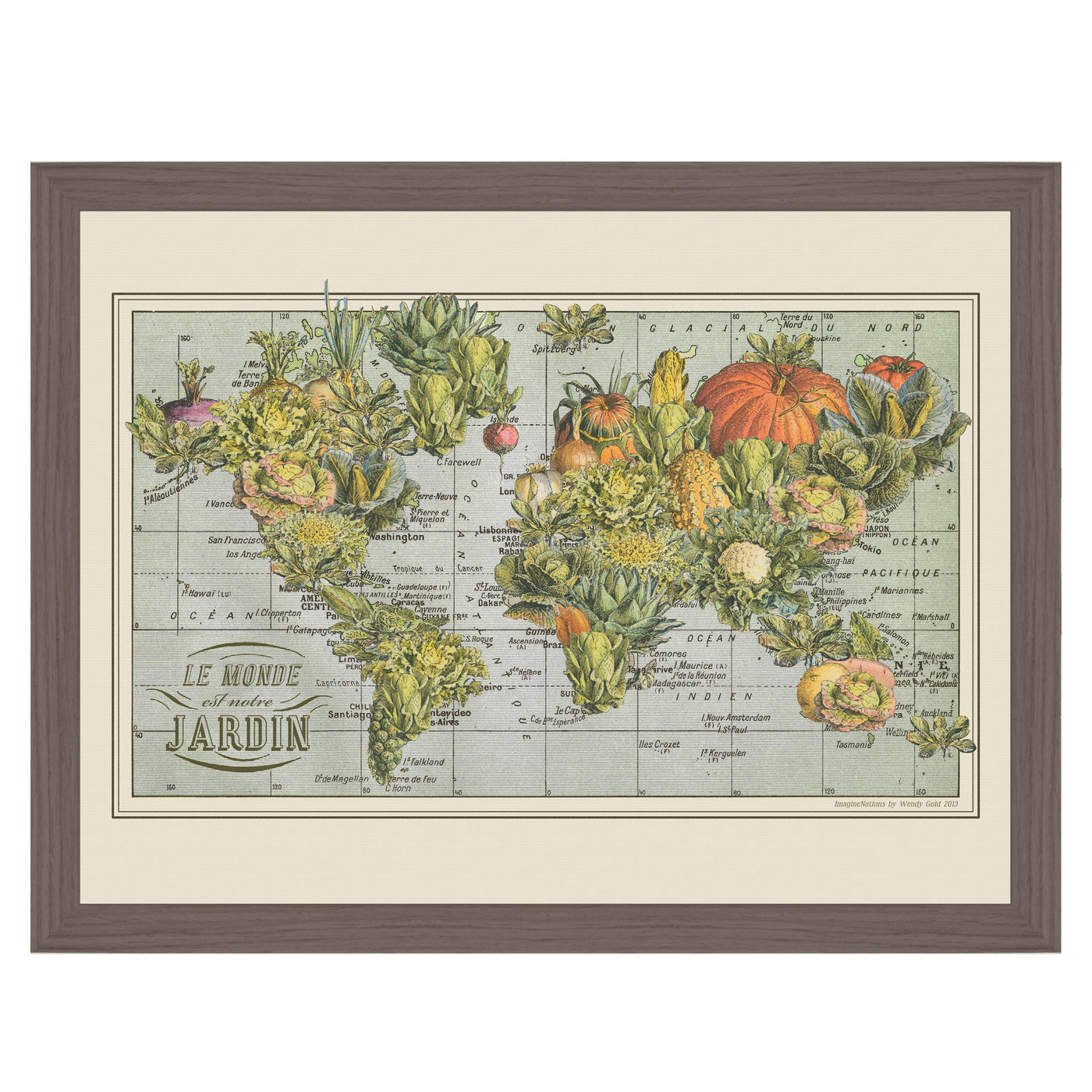 French Garden World Map Collage Art framed