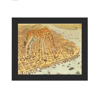 san francisco giraffe collaged map art framed black