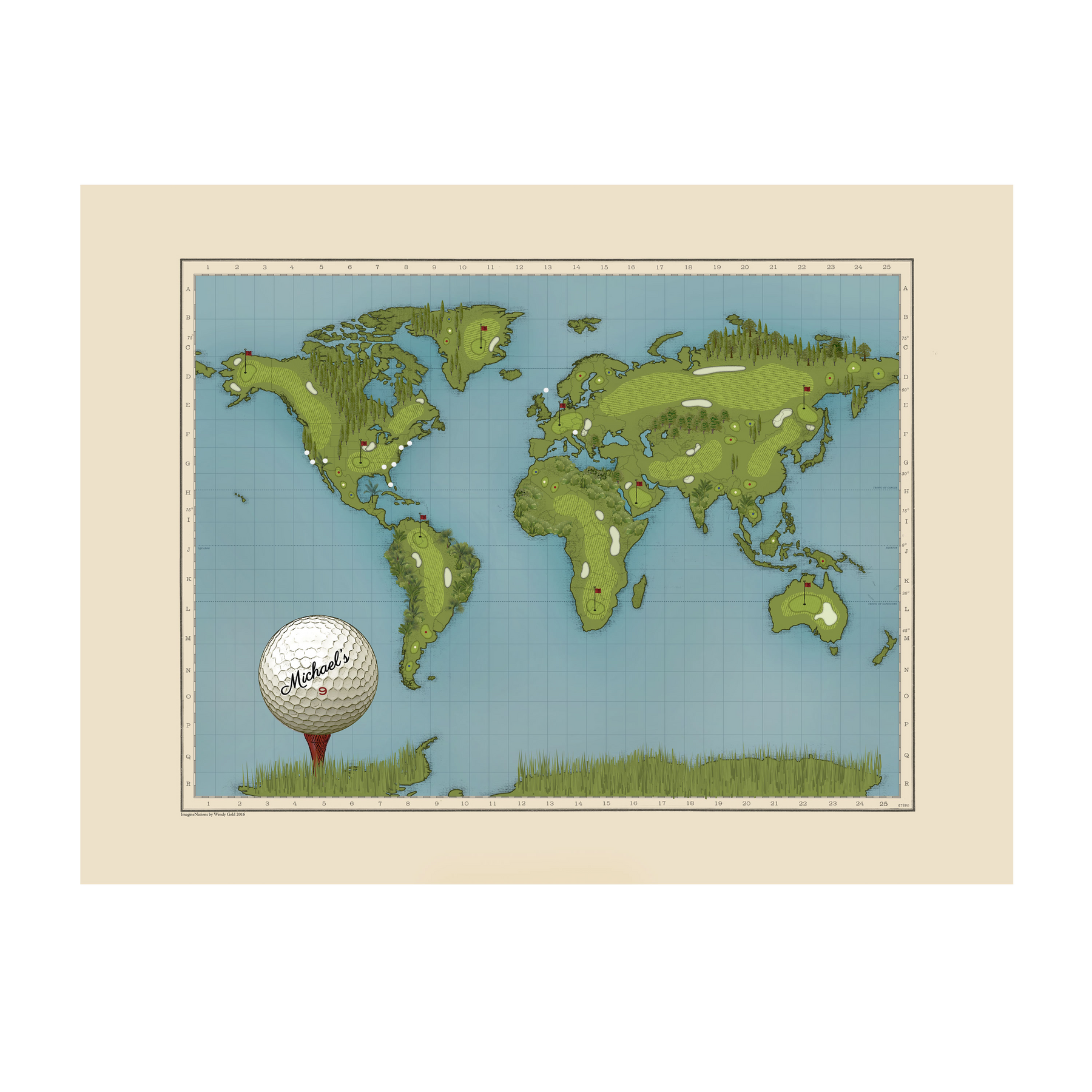 Personalized World Golf Travel Map with Pins | Wendy Gold