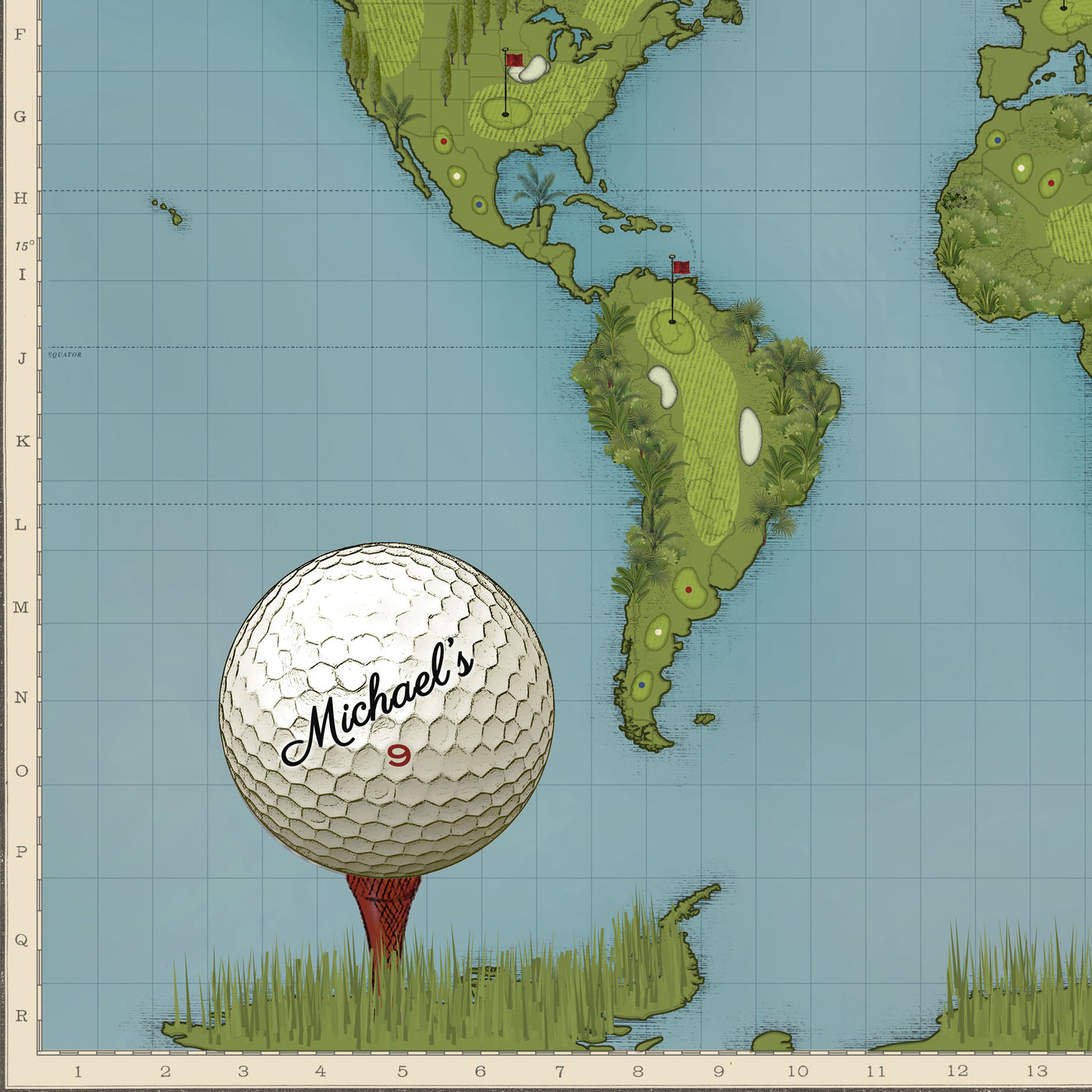 Personalized World Golf Travel Map with Pins closeup