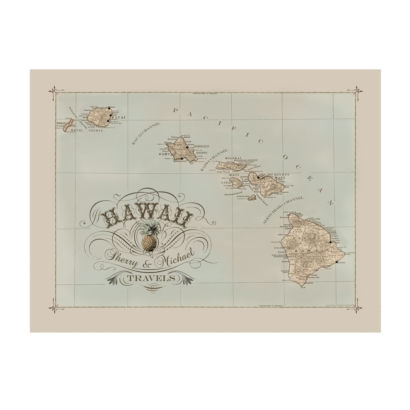 Vintage Hawaii Travel Pushpin Map transparent | all:transparent