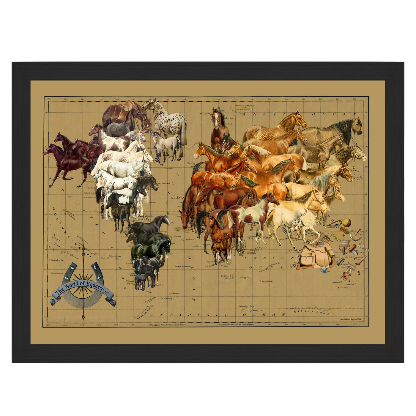 Horse Map of the World Collage Art framed