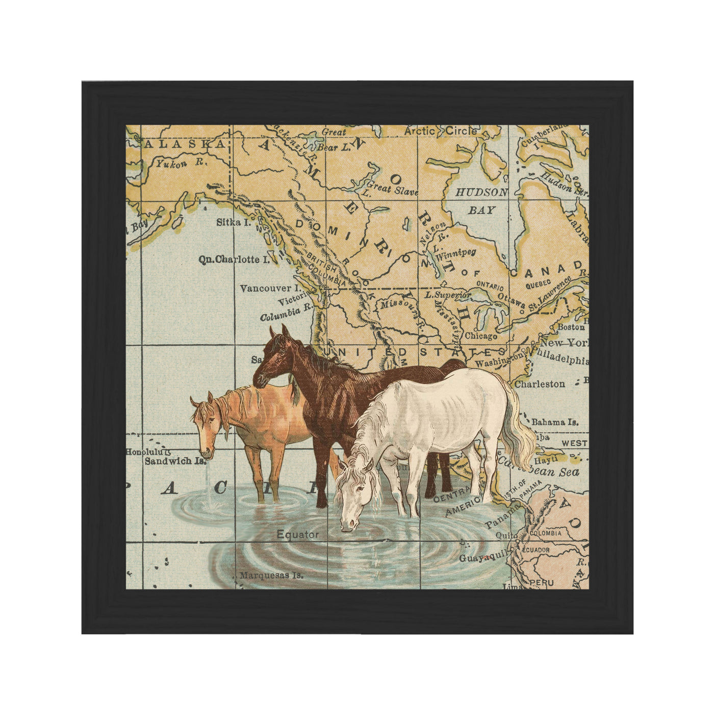 Horses Collaged Map Art Print framed black