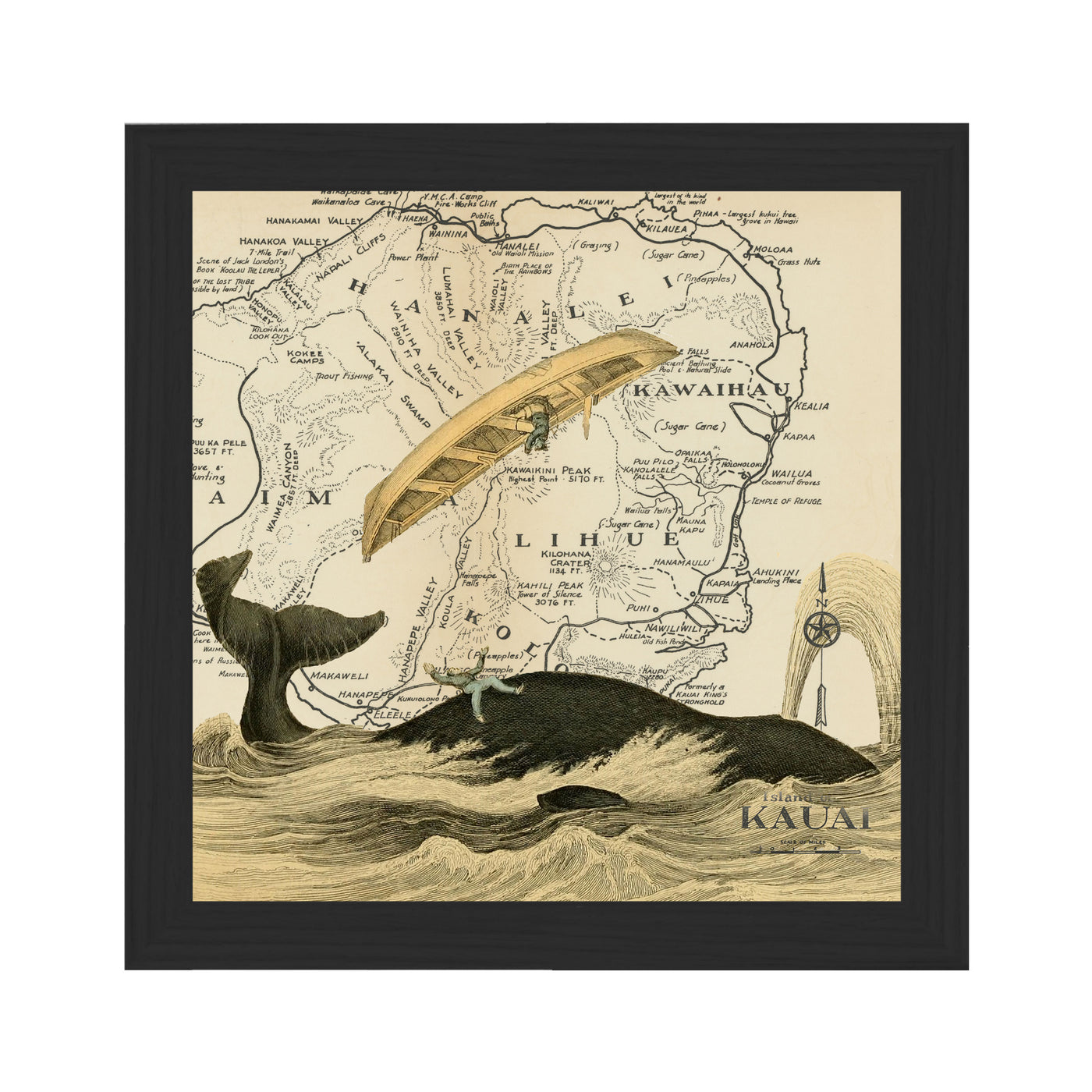kauai whale collaged map art print framed black