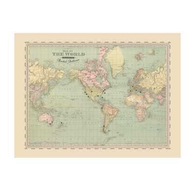 Personalized Vintage Map of the World Push Pin Map | Vintage:transparent