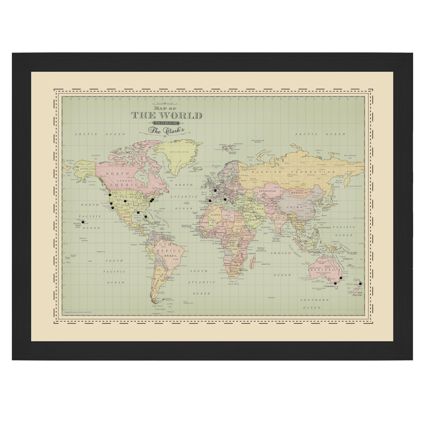 Personalized Vintage Map of the World Push Pin Map