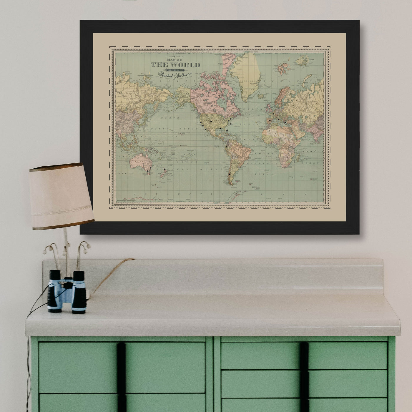 Personalized Vintage Map of the World Push Pin Map lifestyle