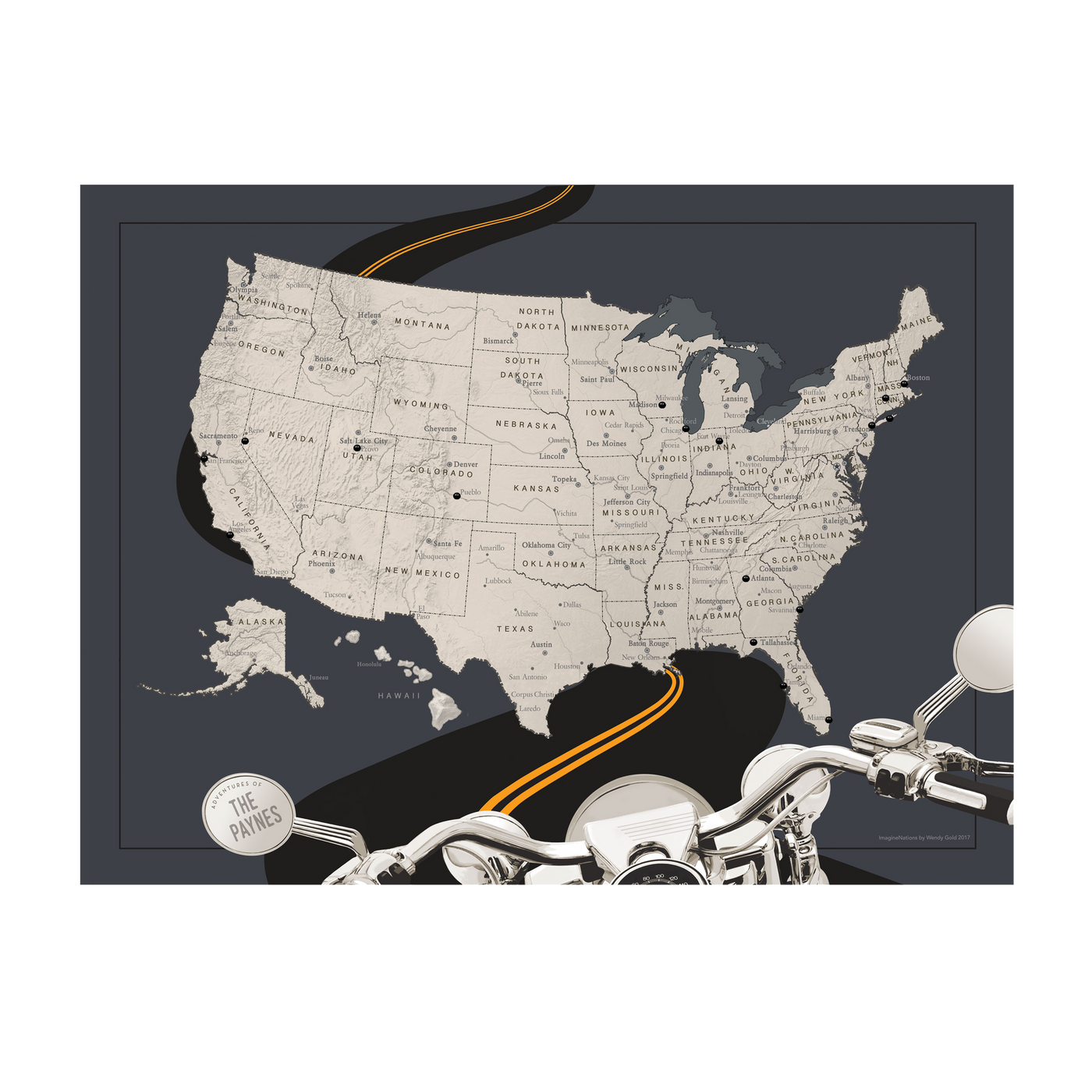 Motorcycle Travel Adventures USA Pin Map transparent | USA:transparent