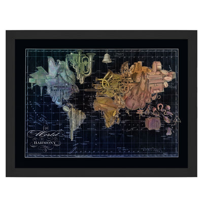 Music Lovers World Map Collage Art dark framed