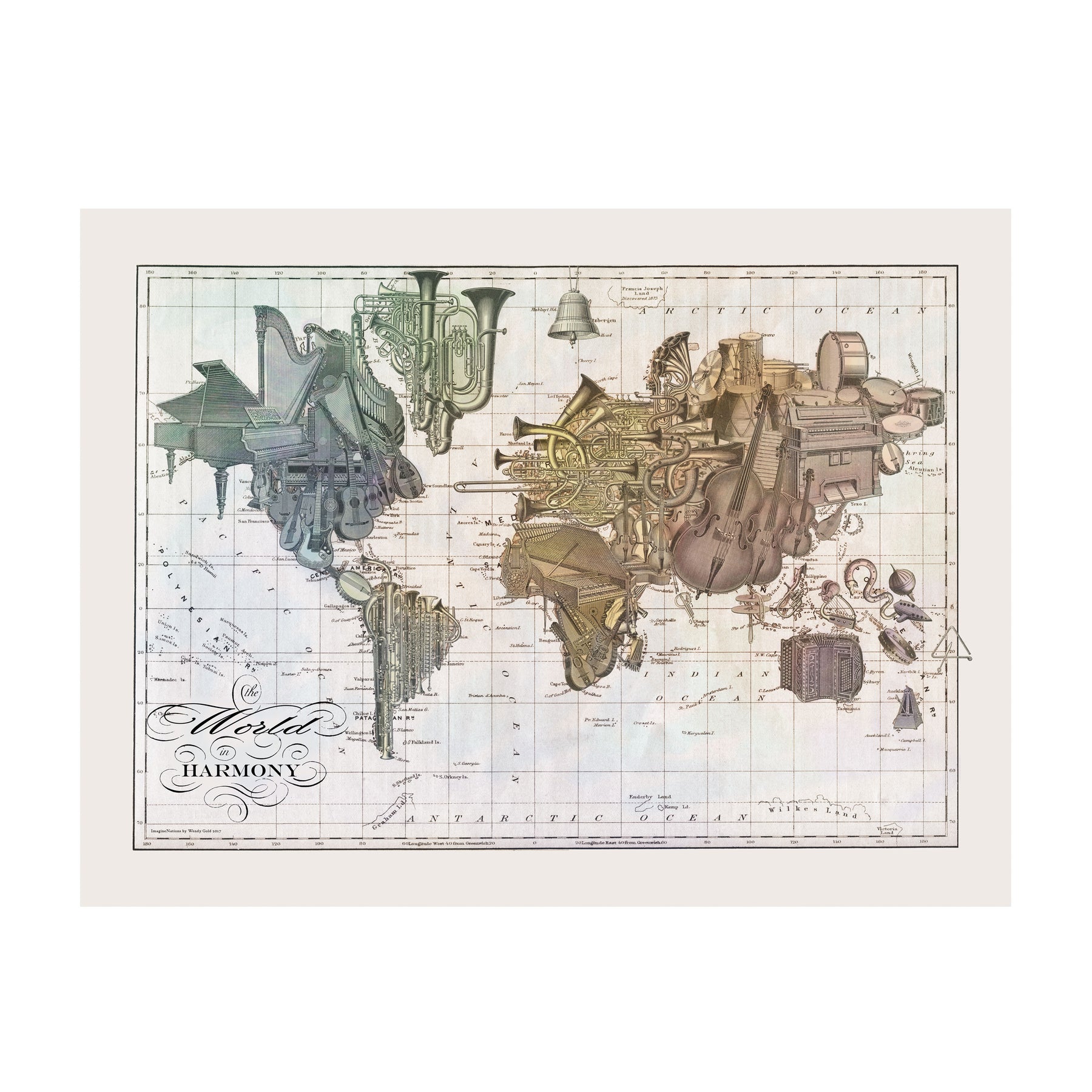 Musical Instruments World Map Fine Art Print | Wendy Gold Studios