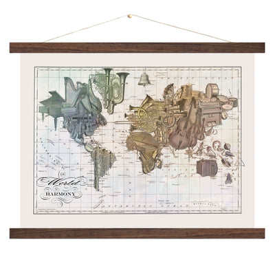 Music Lovers World Map Collage Art light wood bound canvas