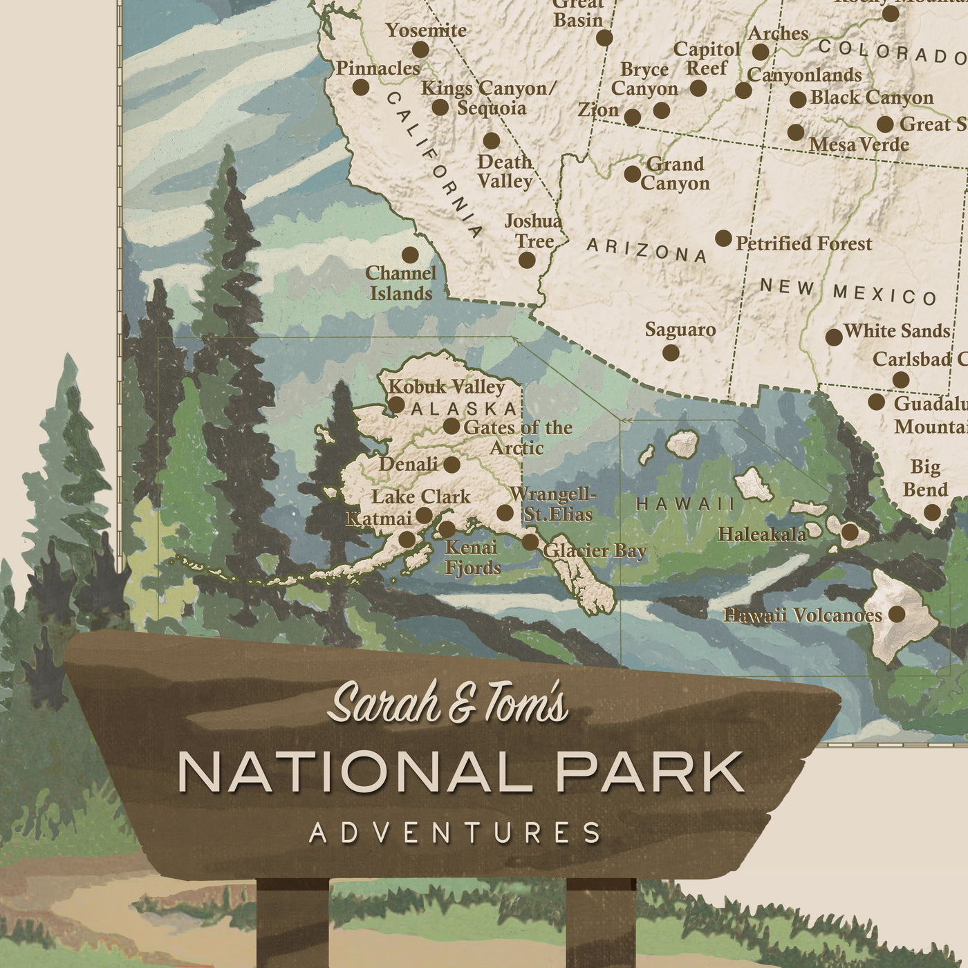 United States National Parks Map, Detailed Push Pin Map with pins