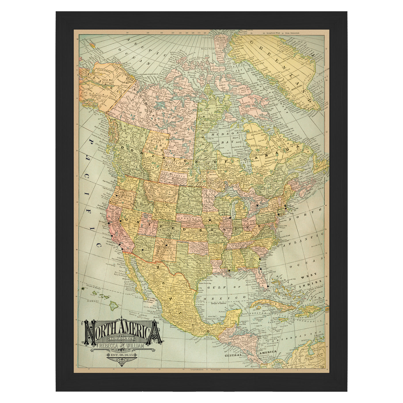 Vintage Antique USA & North America Pushpin Travel Map blue