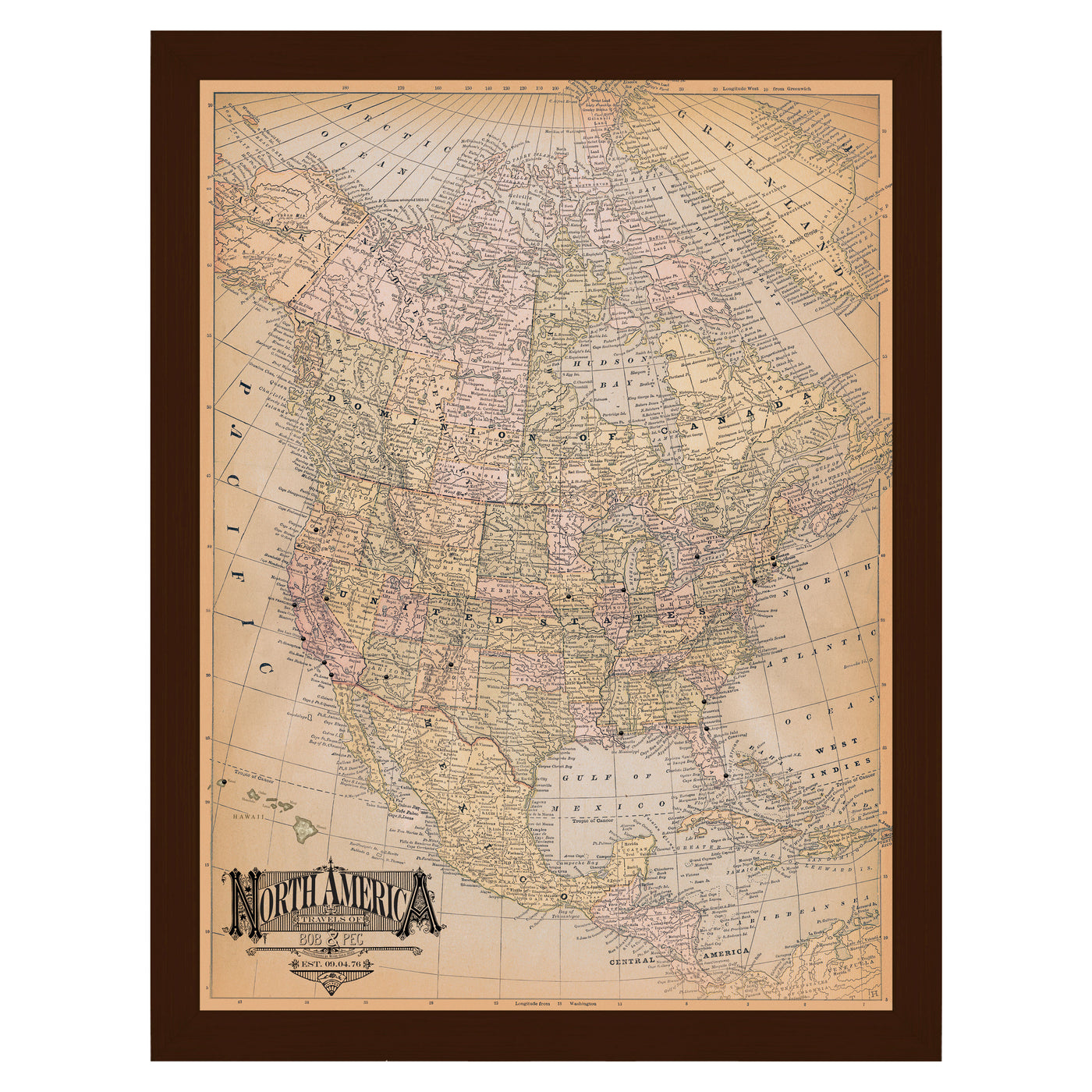 Vintage Antique USA & North America Pushpin Travel Map framed