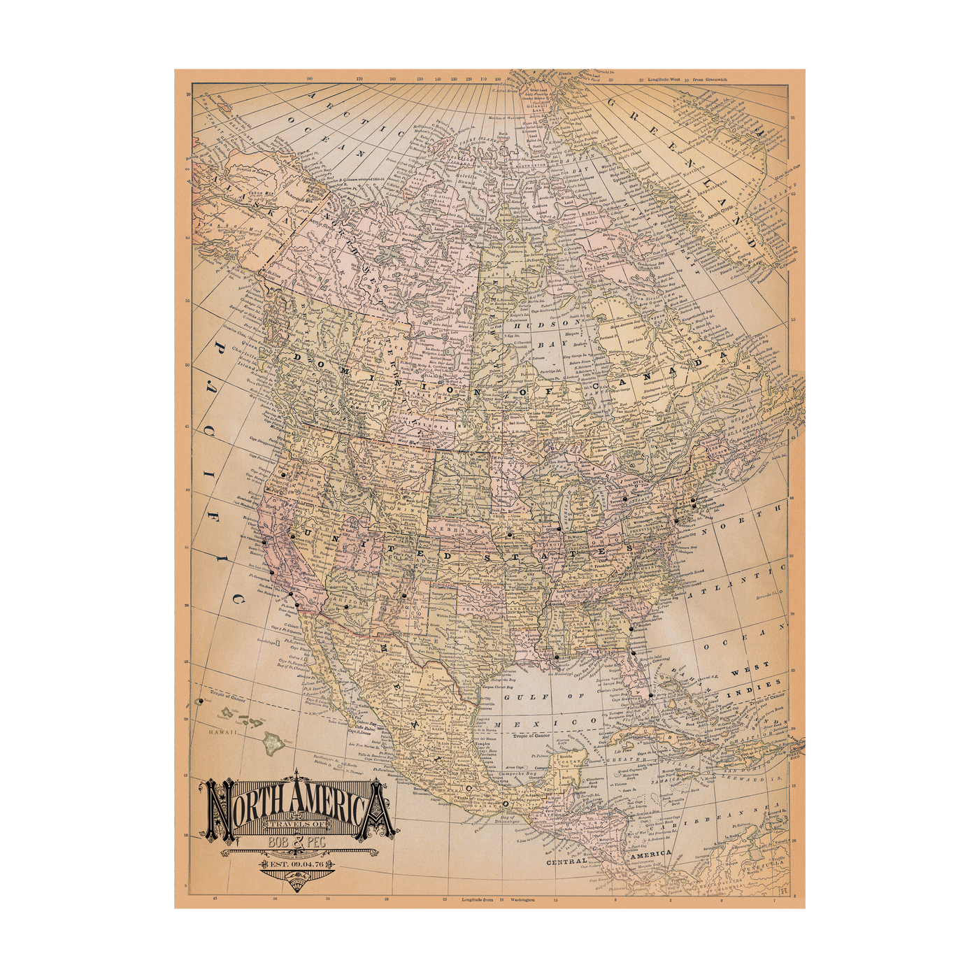 Vintage Antique USA & North America Pushpin Travel Map transparent ivory | ivory:transparent