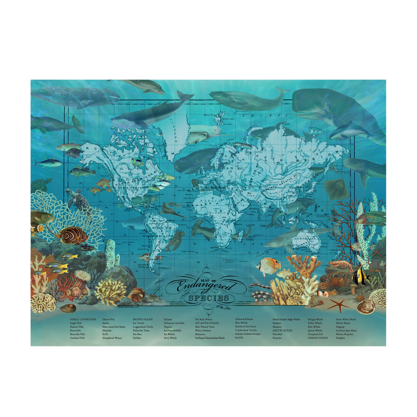 Endangered Ocean Species Collage World Map Art transparent | all:transparent