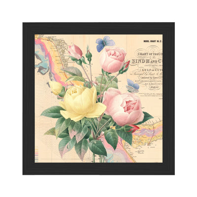 Pastel Flowers Map Collage by Wendy Gold framed black