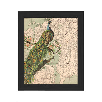 Peacock with Cherry Blossoms Collaged Map Art Print framed black