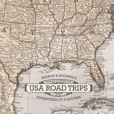 Road Trip USA Map with Push Pins closeup