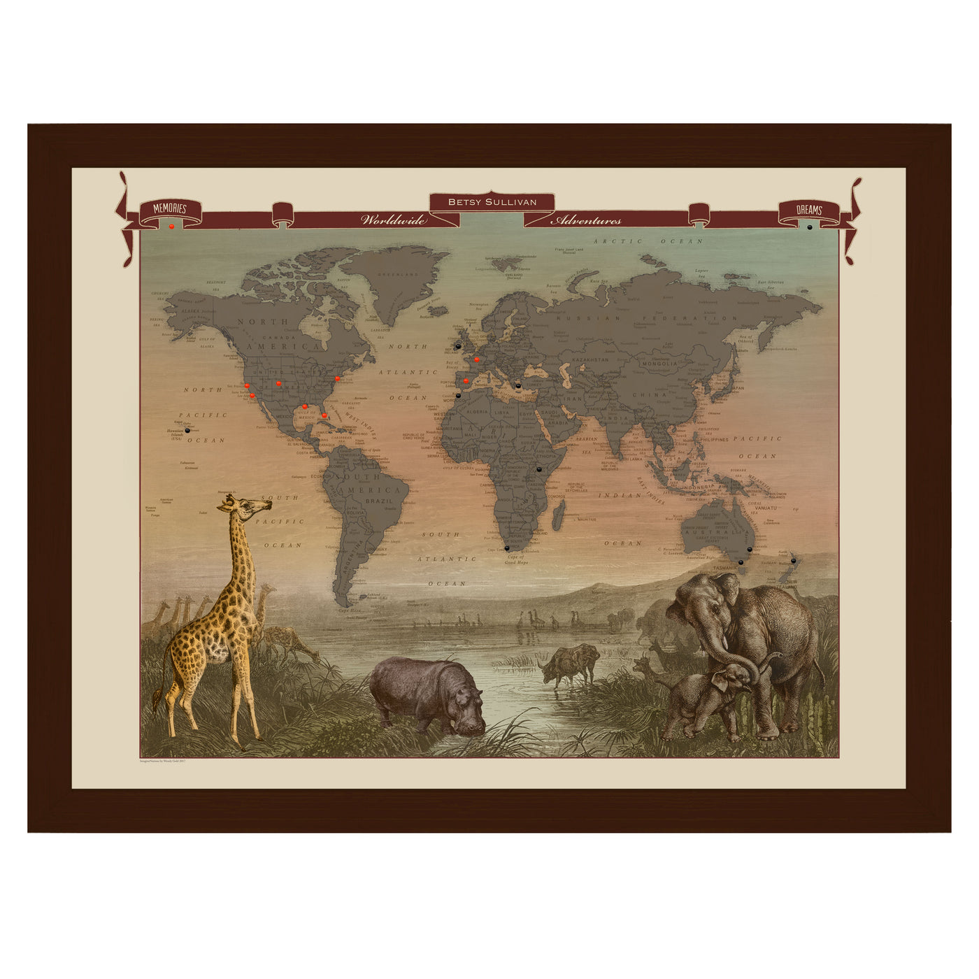 Safari Travels World Push Pin Map framed