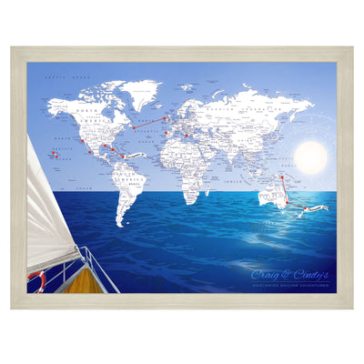 Ocean Sailing Adventures World Pushpin Map Framed