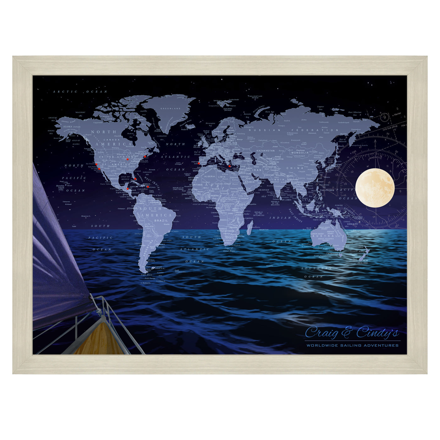Ocean Sailing Adventures World Pushpin Map Framed night