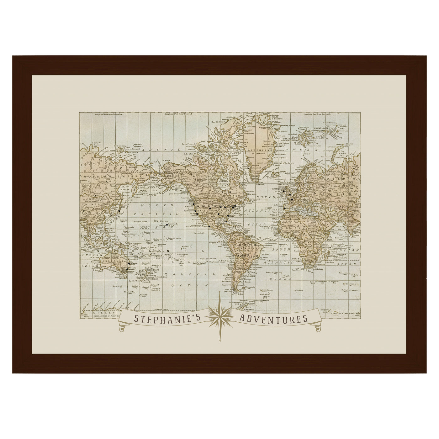 Adventures around the World Push Pin Map framed