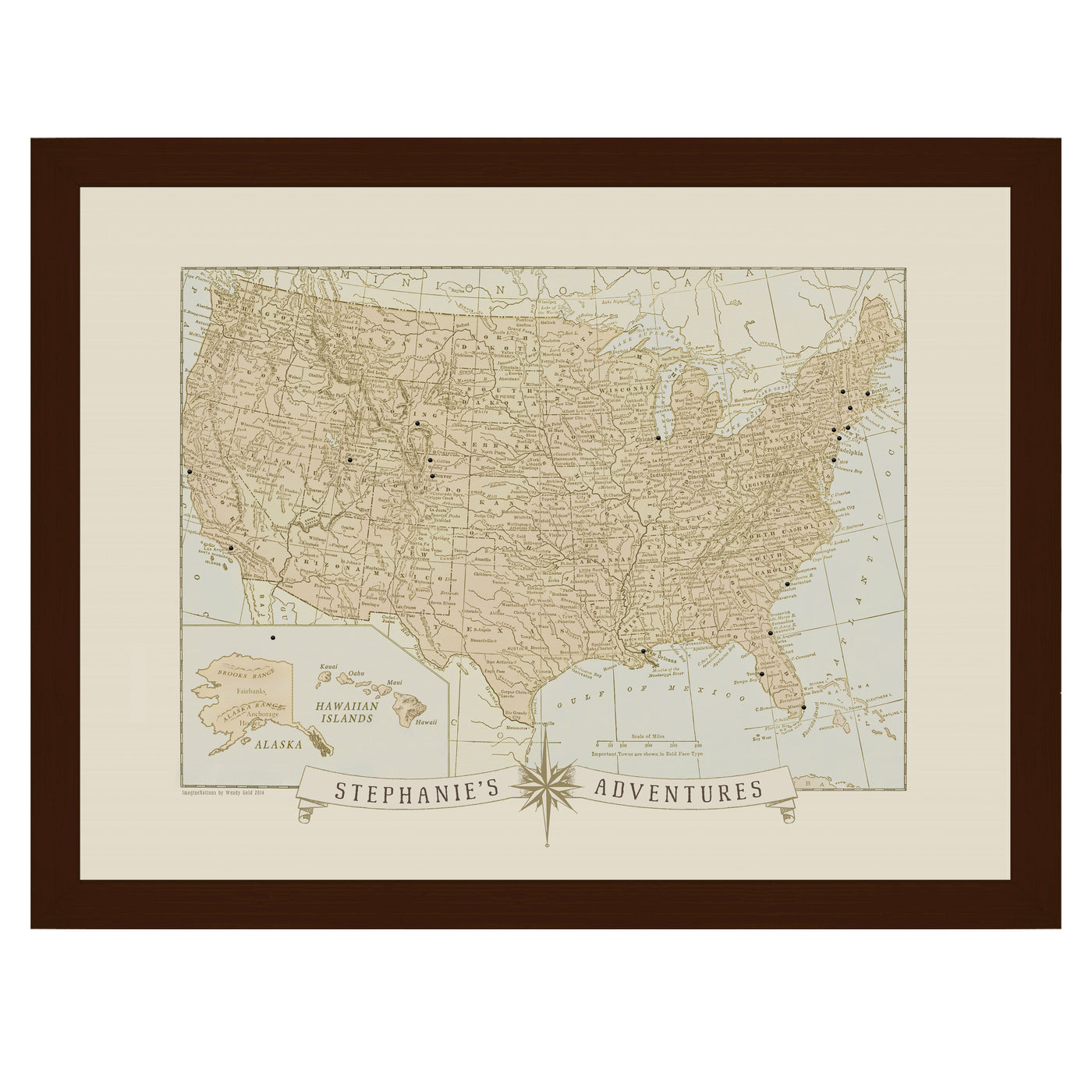 Adventures around the USA Push Pin Map framed