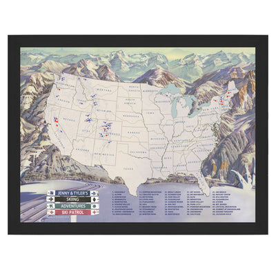 Ski Resorts USA Push Pin Map framed