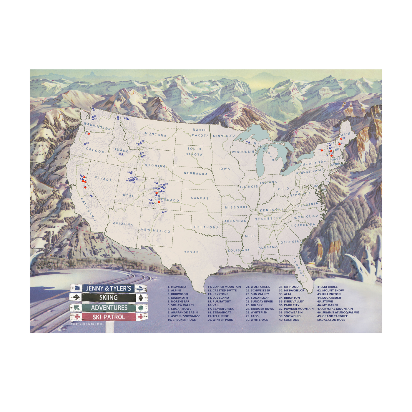 Ski Resorts USA Push Pin Map transparent | all:transparent