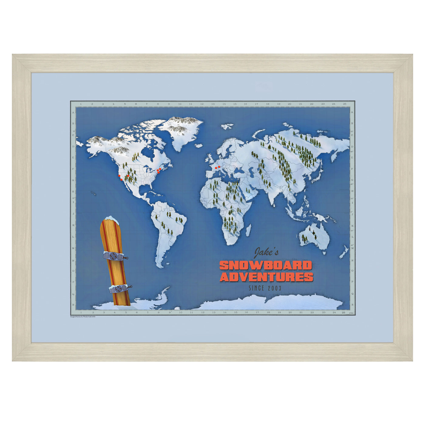 Winter Adventures World Map with Pins snowboard