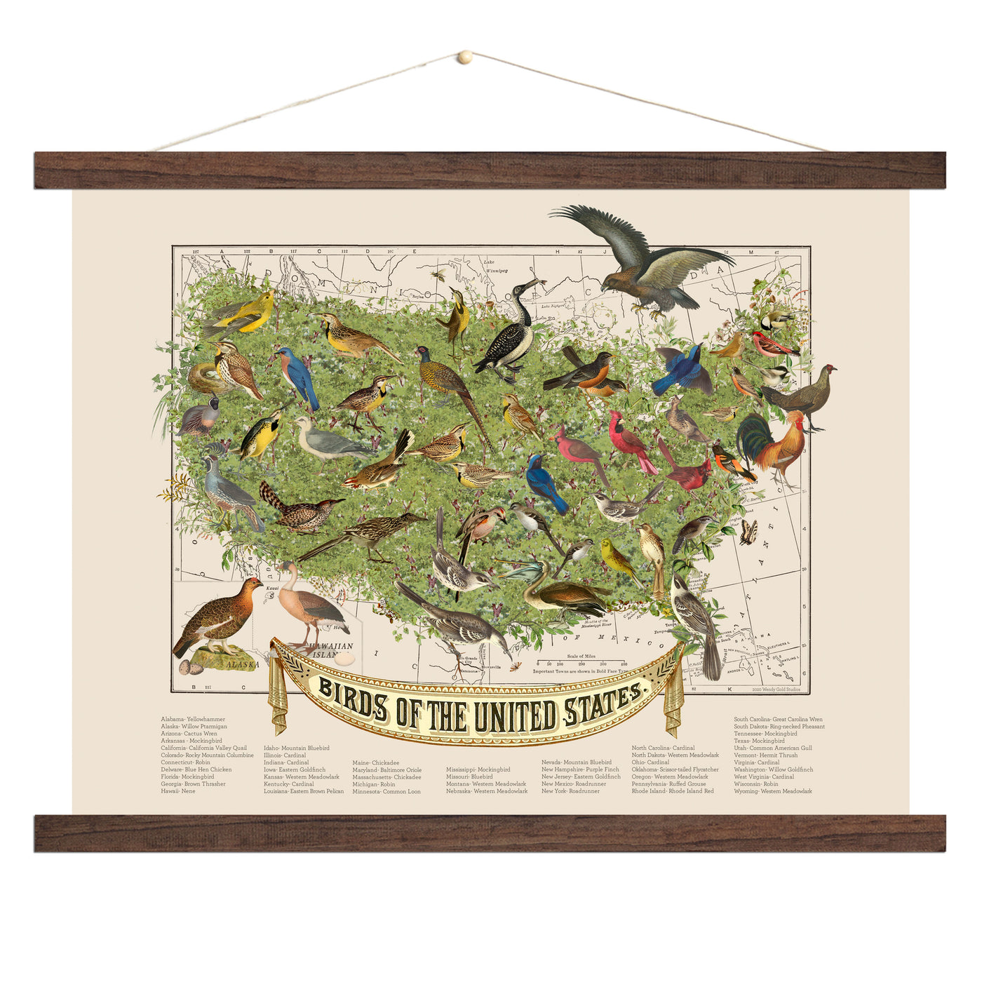 USA State Bird Map Collage Art wood bound canvas