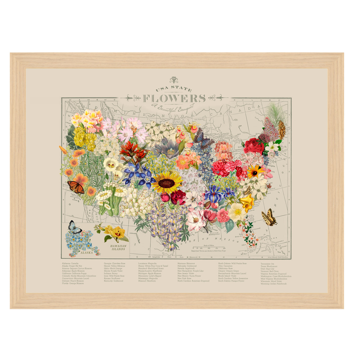 USA State Flower Map Collage Art framed