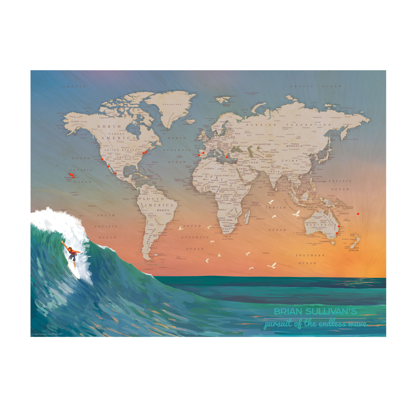 Surfing Travel Adventures World Push Pin Map transparent | all:transparent