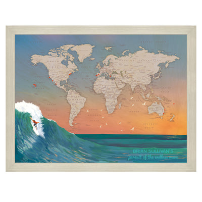 Surfing Travel Adventures World Push Pin Map framed