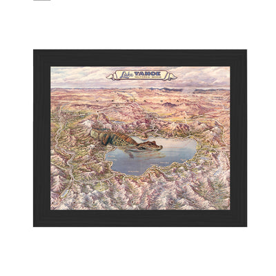 Lake Tahoe alligator map art collage print framed black